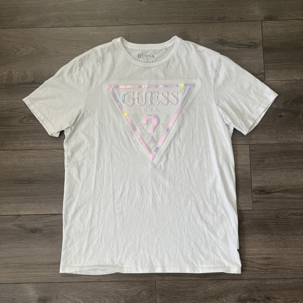 GUESS Mens L T Shirt Embossed Color Change Blue Purple Logo White Short Sleeve